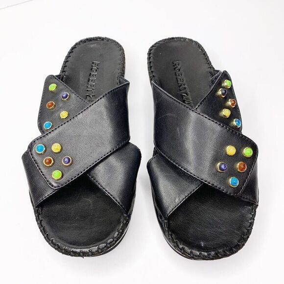 NEW Robert Zur Criss Cross Platform Slides 5.5 Sandals Black Leather Soft $285 - Picture 4 of 8